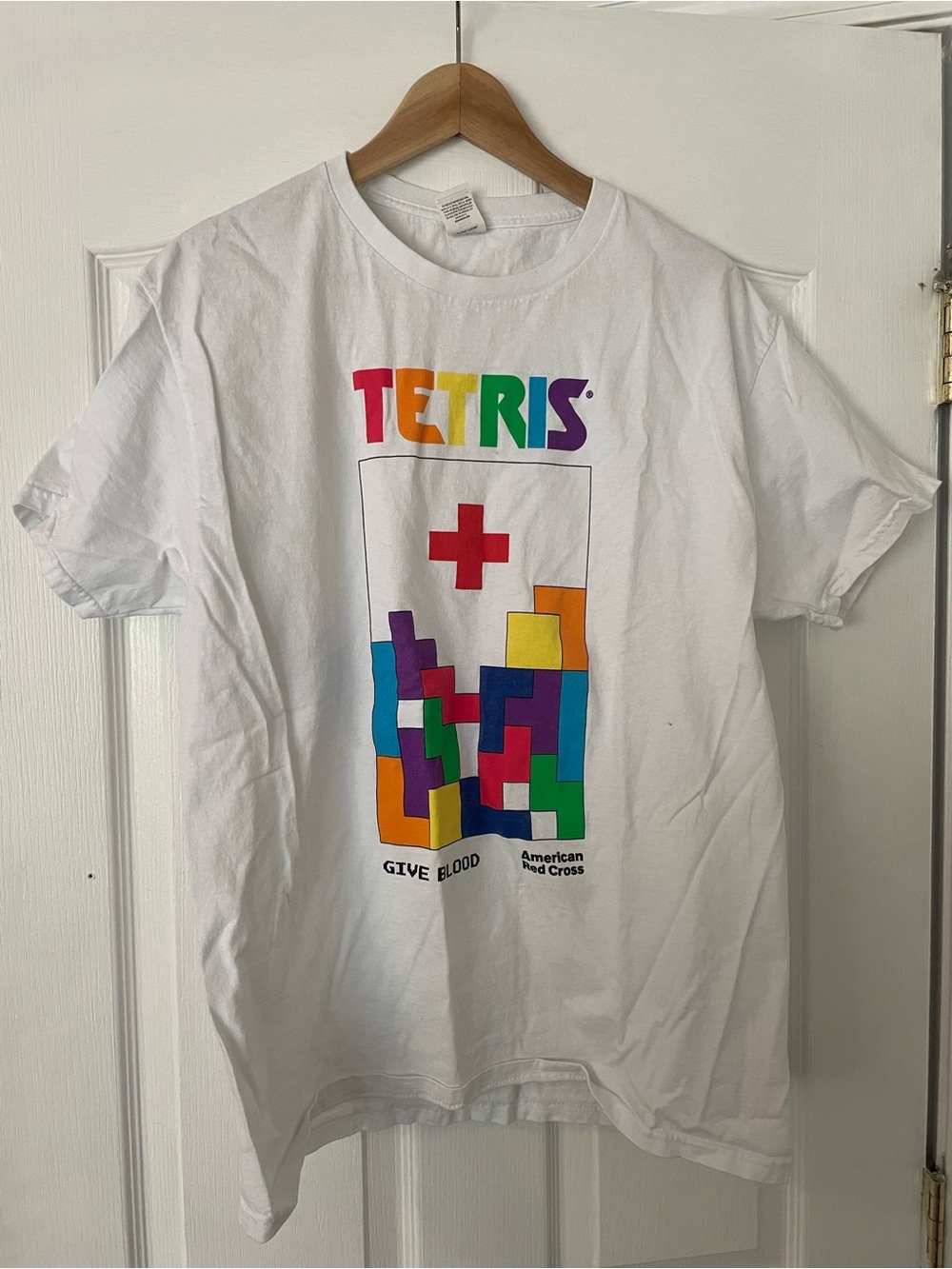 Hanes White Tetris American Red Cross Graphic Tee Men’s Large Give Blood